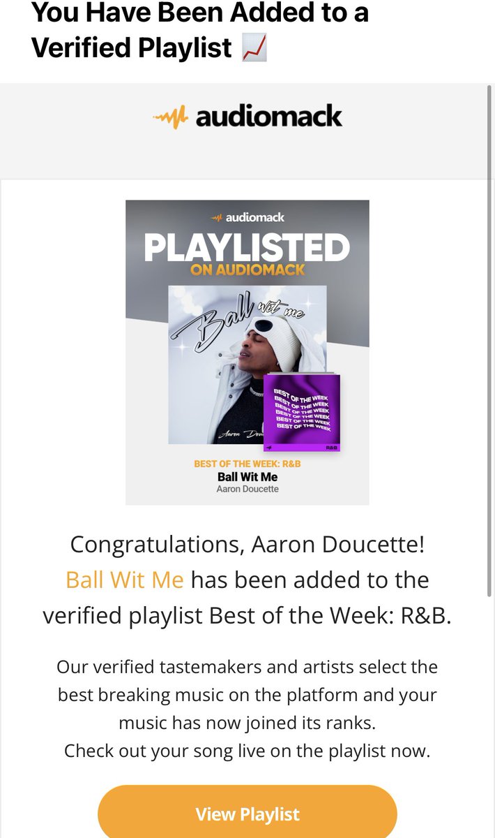 aarondoucette's tweet photo. I LOVE GETTING THESE EMAILS🥹 @audiomack @BrianZisook #BALLWITME 🎉🎉🎉 https://t.co/5bAbKxZ2GN