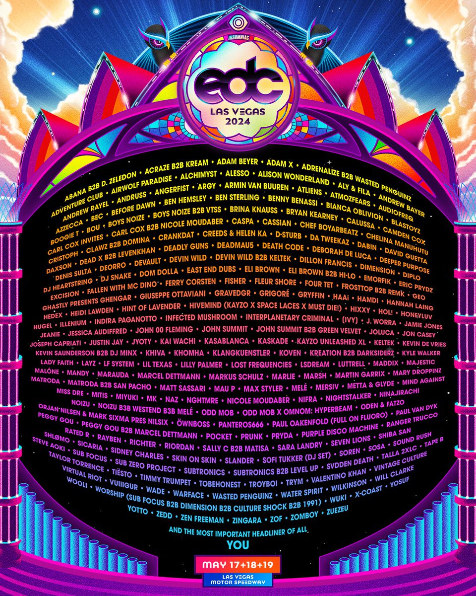 Presenting the Official #EDCLV2024 Lineup!✨🦉🌼 Join us as we come full circle Under the Electric Sky this May.💫 #kineticCIRCLE Tag your festival squad & get ready for an unforgettable weekend as we celebrate From Dusk Till Dawn!🌙🌅⤵️