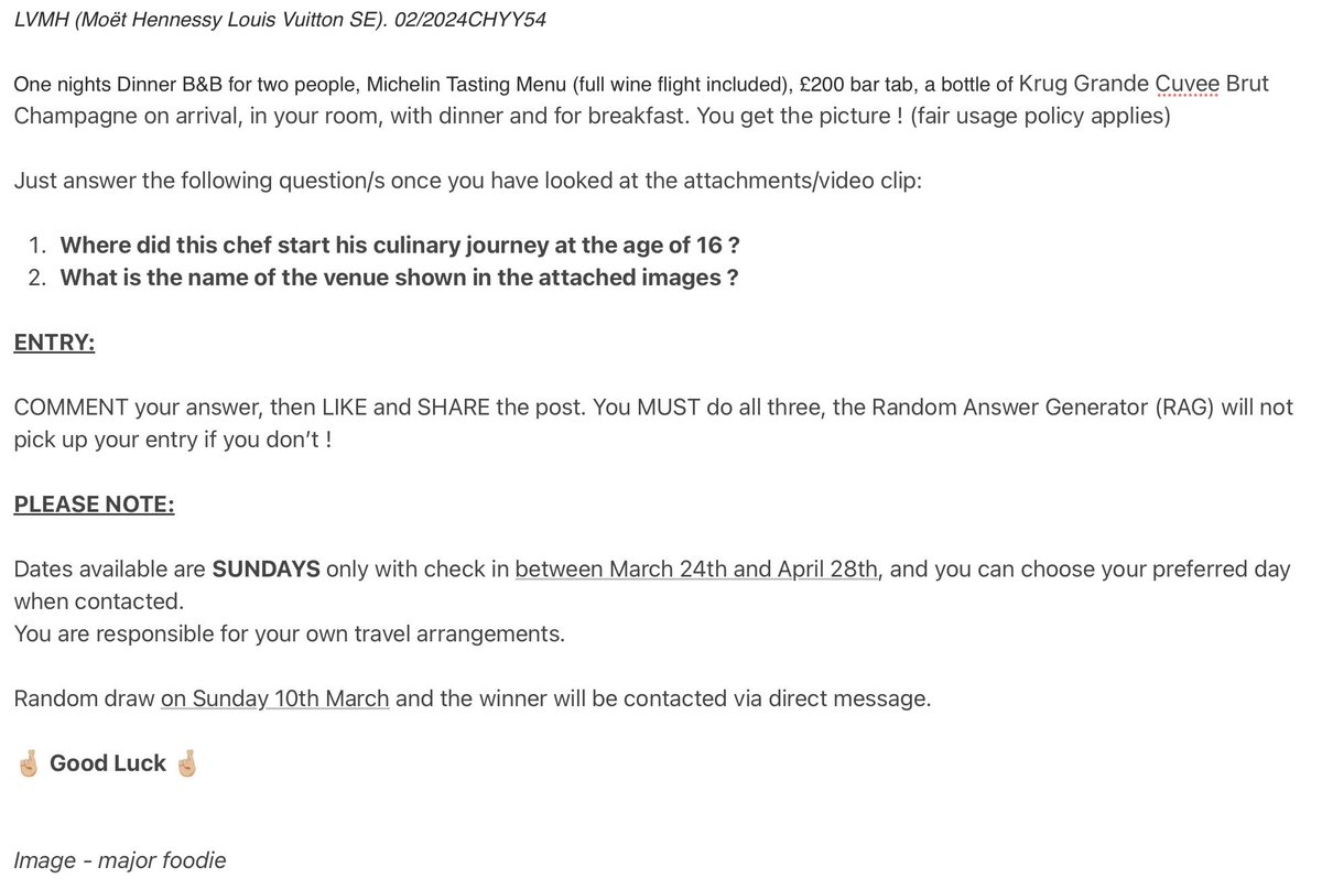 TheFoodSnobUK's tweet image. ⭐️COMPETITION ⭐️ 🥂 (sponsored by LVMH) 🥂

Dinner B&amp;amp;B, Michelin Dinner (with wine flight), £200 drinks tab, and unlimited Krug Grande Cuvee Brut Champagne  !

Please see the attached for full details and entry criteria.

Random draw 10/03

🤞🏼Good Luck 🤞🏼