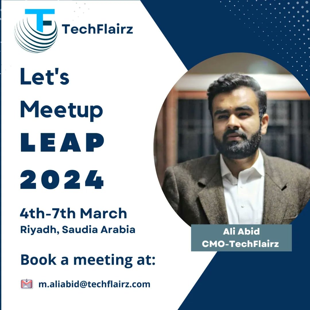 TechFlairz's tweet image. &quot;Exciting news! Our CMO Ali Abid will be at the Leap Event from March 4th-7th, exploring tech innovation. From mobile apps to websites, CRMs to SEO, we&apos;re dedicated to crafting exceptional digital solutions. Let&apos;s connect at #LeapEvent2024. #TechFlairz #Innovation #Networking