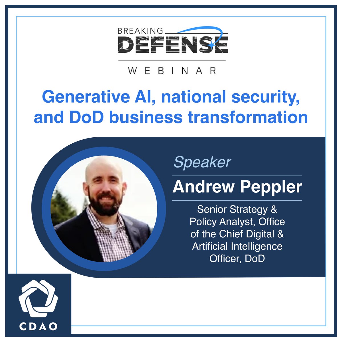 Our Senior Policy and Strategy Analyst, Andrew Peppler participated this past week in a @BreakingDefense webinar entitled, ‘Generative AI, national security, and DoD business transformation’. Tune in below to listen: youtube.com/watch?v=3fgqMJ…