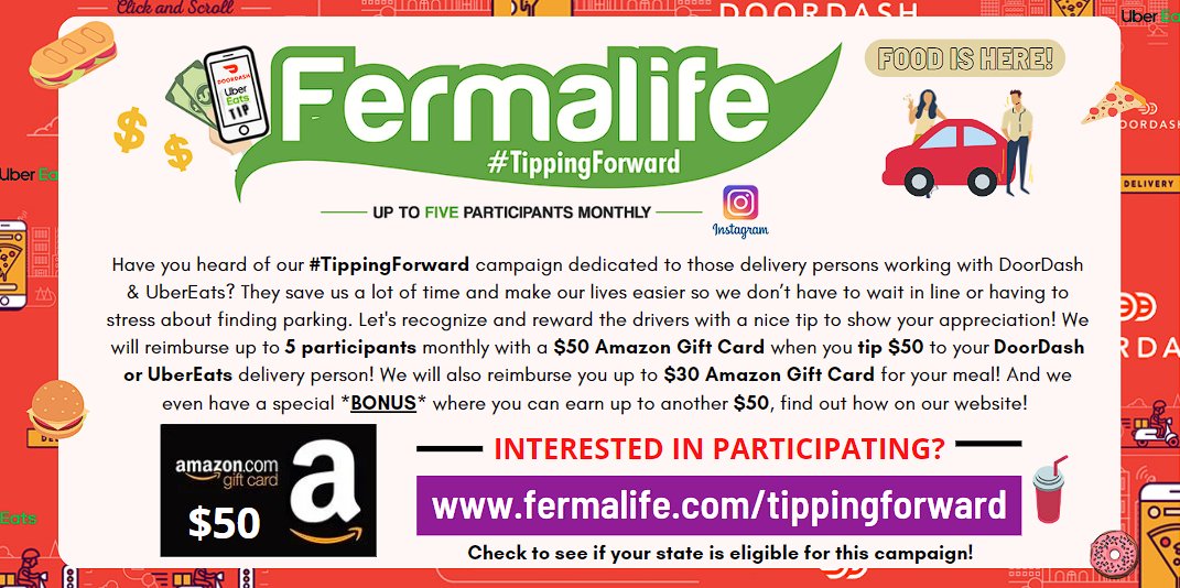 fermalife's tweet photo. 🚗🍔✔️Did you know we have a #TippingForward campaign over on Instagram? Interested in joining the campaign where we pay it forward to the DoorDash/UberEats delivery courier? Tip your delivery courier $50 & get it reimbursed on an Amazon Gift Card. We will also reimburse up to $30 for your meal! More info on our website & see if you are in an eligible state: https://t.co/sxFbegfc3v 🥡🍕