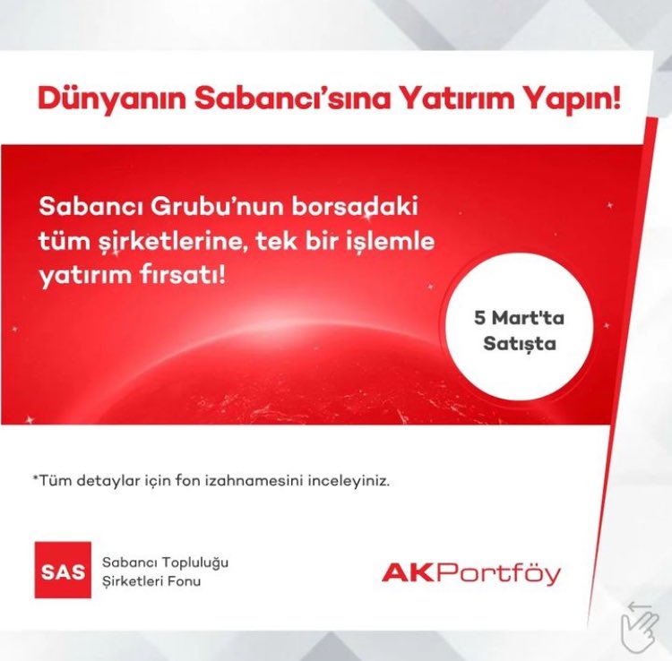 #SAS SABANCI GRUBU’NUN BORSADAKİ TÜM ŞİRKETLERİ İÇİNDE BULUNDURAN FON 5 MART TARİHİNDE ŞATIŞTA.
#sabancı #sas #agesa #çimsa #aksigorta #akbank #brisa #teknosa #enerjisa #kordsa #carrefoursa #akçansa