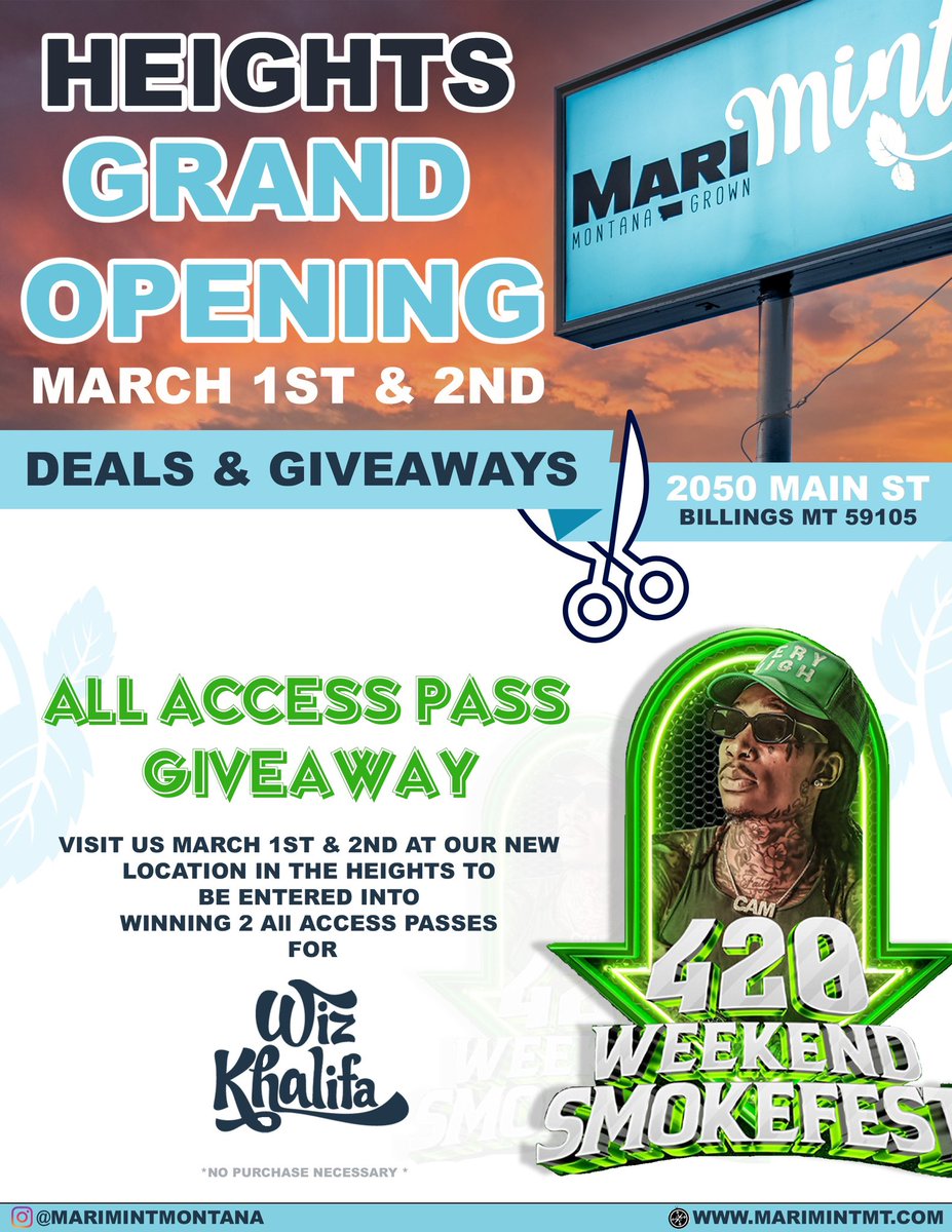 Stop by our new location in the Billings-Heights today & tomorrow to try & win 2 All Access Passes for Wiz Khalifa!! Open: 9am-7:55pm #marimintmt