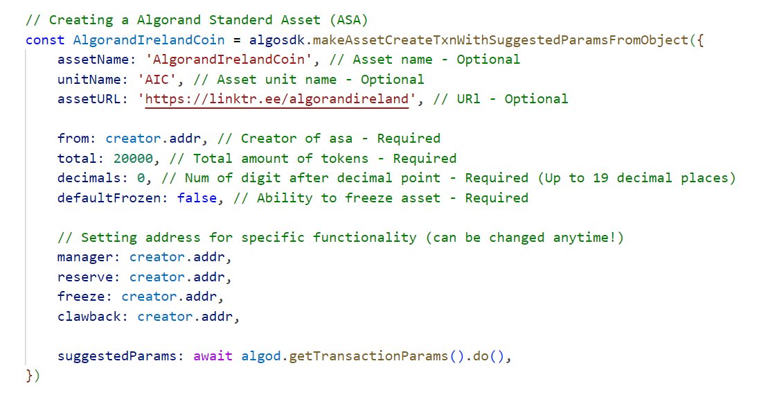 Algorand_IE's tweet photo. 🎉 Creating a #Algorand Standard Asset! 🎉📢
The snippet below shows how easy it is to create an ASA using #typescript. It was also done locally so no, AlgorandIrelandCoin is not on main-net or even test-net! ✅
Create your own tokens, or #NFTs and share them with the #algofam💚