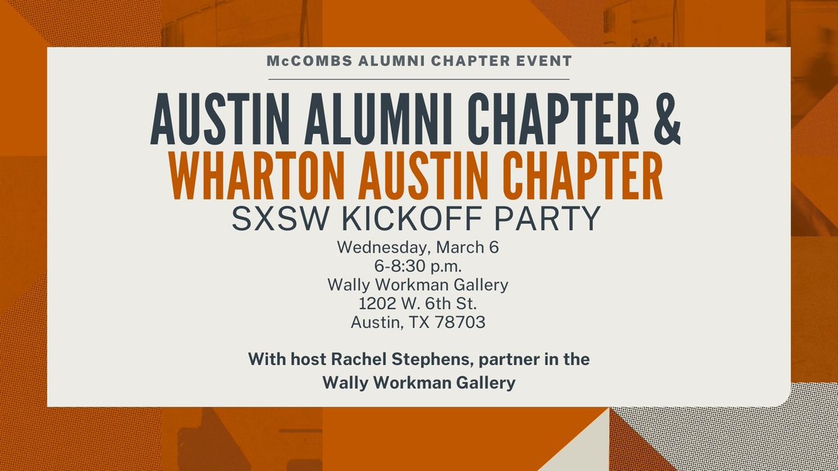 UTMcCombsAlumni's tweet photo. Join us on March 6 for a SXSW Kickoff Party hosted by the Austin Chapter and Wharton Austin Chapter. The event will include a guided tour of the Wally Workman Gallery. Secure your spot now by registering at https://t.co/FZG1C2Mxsp.
#McCombs #UTMcCombs https://t.co/gQWJTJmhdK