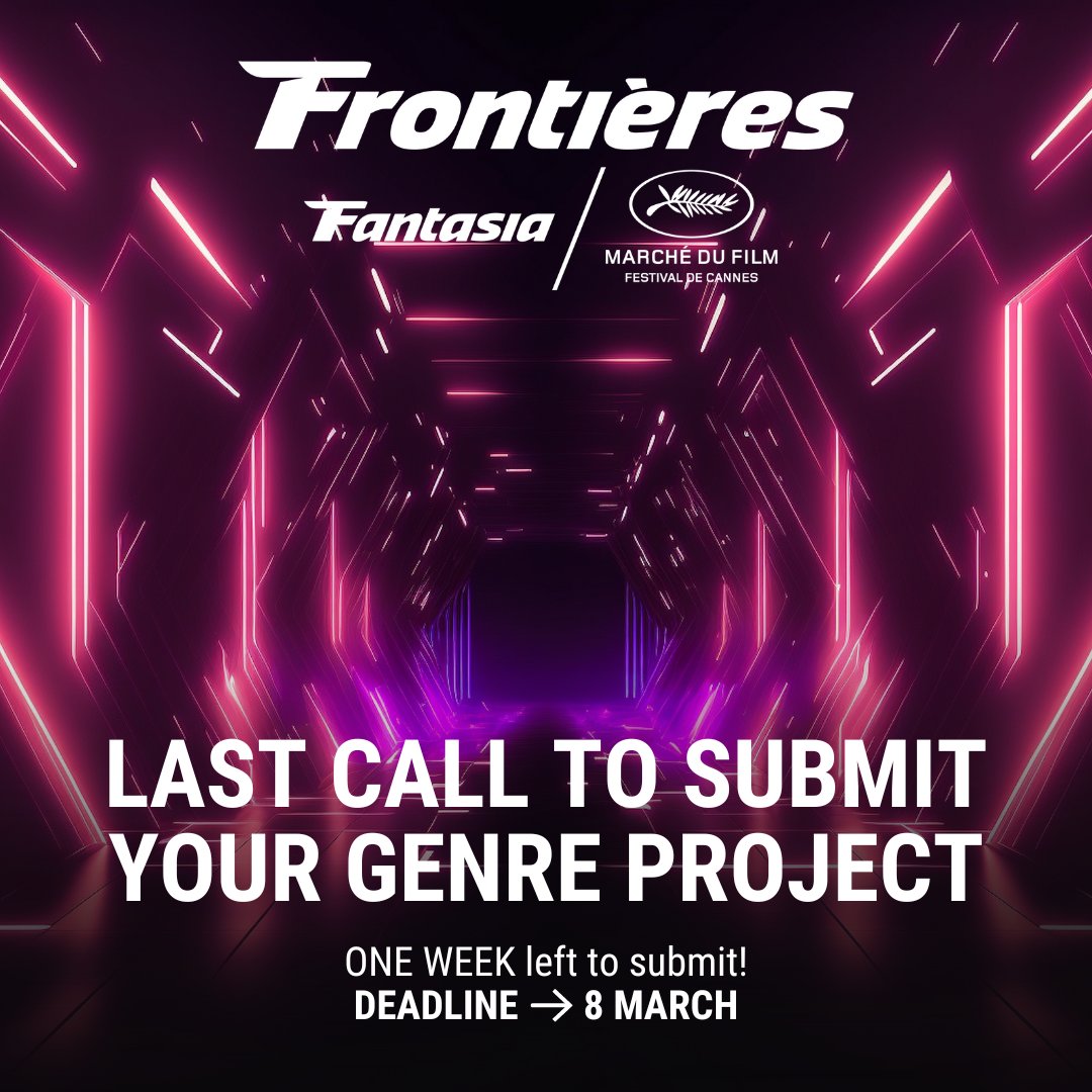 Marché du Film (@mdf_cannes) on Twitter photo 📣 LAST CALL FOR SUBMISSIONS! Submit your genre film project to the <a href="/frontieresmrkt/">Frontières Market</a>, and get a chance to showcase your unique vision in Cannes! 🧚👽🧟 ONE WEEK LEFT to submit, so act now! More details ➡️ i.mtr.cool/bcxannzugd
<a href="/FantasiaFest/">Fantasia International Film Festival</a> #MDF24 📣 LAST CALL FOR SUBMISSIONS! Submit your genre film project to the <a href="/frontieresmrkt/">Frontières Market</a>, and get a chance to showcase your unique vision in Cannes! 🧚👽🧟 ONE WEEK LEFT to submit, so act now! More details ➡️ i.mtr.cool/bcxannzugd
<a href="/FantasiaFest/">Fantasia International Film Festival</a> #MDF24