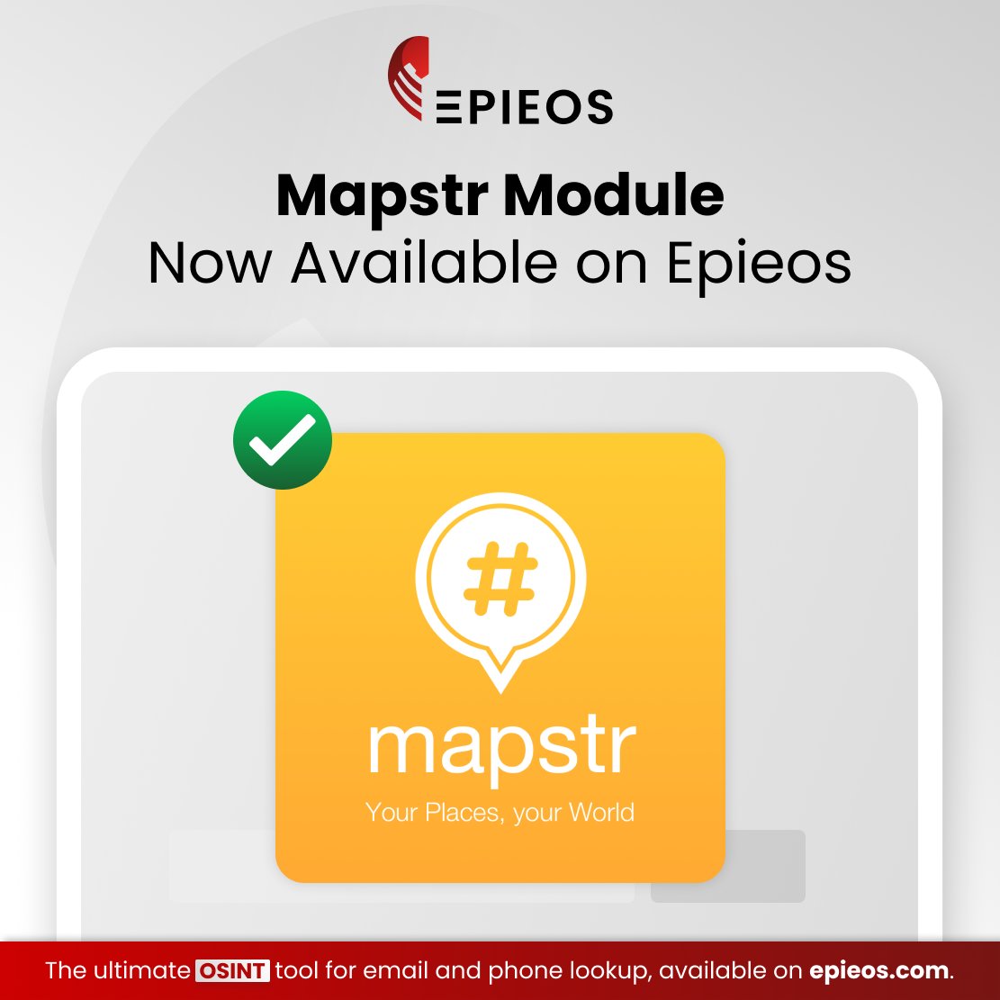 epieos's tweet image. 🎉 Our #OSINT solution is growing and we are now adding the #Mapstr module to our list of modules (Google, Dropbox, Trello, Flickr, Strava...).

🖥️ Easily perform a reverse email and phone reverse look up on epieos.com and find all the sites, and therefore