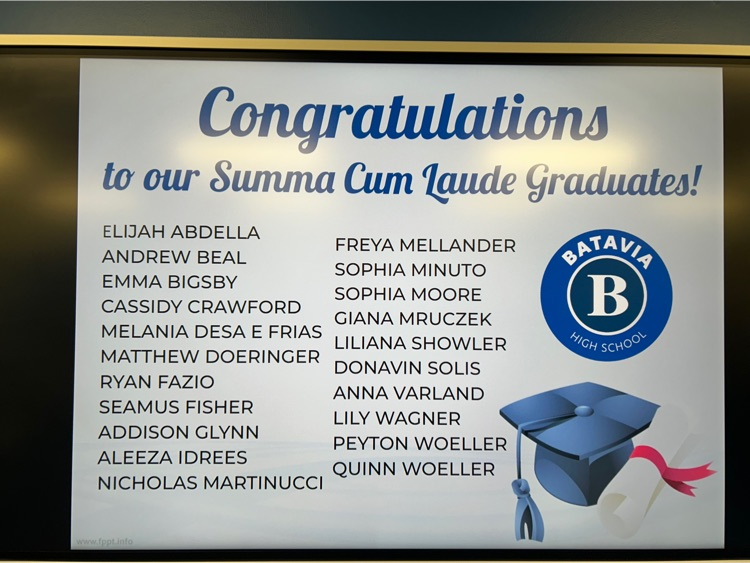 BataviaCSD's tweet photo. Bravo and congrats to our BHS Class of 2024 Summa Cum Laude graduates!

We are proud you!  👏👏 https://t.co/4LkCIB5T3x