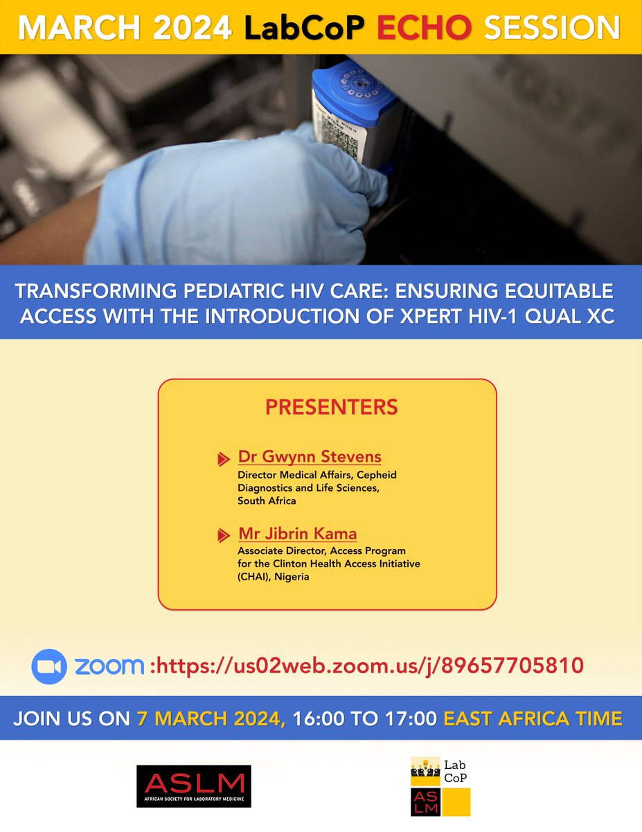 ASLM_News's tweet image. Don&apos;t miss #LabCoP’s ECHO Session on 7 March! In this session, @CHAI_health Nigeria shares their experiences with the pilot study on the Xpert #HIV Qual XC test. They discuss how they managed to address operational challenges with #EIDs at testing centers. conta.cc/4bUSQGx