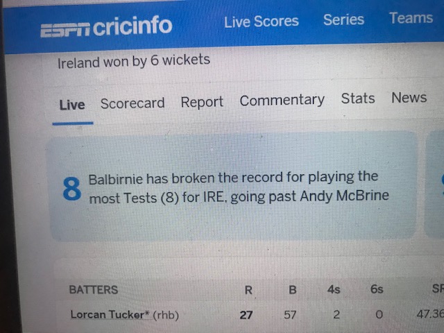 Not quite sure what they mean here... Balbirnie has played every one of Ireland's 8 tests, so couldn't have gone past McBrine, who missed the first one