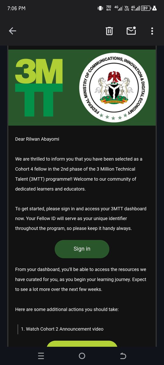 IamAmb_Obama's tweet photo. I am pleased to announce that I have been shortlisted as a fellow of the @3MTTNigeria @3MTTSupport
Can't wait to join the highly esteemed community and explore the opportunities it presents.
Thank you @bosuntijani for the initiative.
#3MTTLearningCommunity #documentinggrowth https://t.co/WQF5hrCzzB