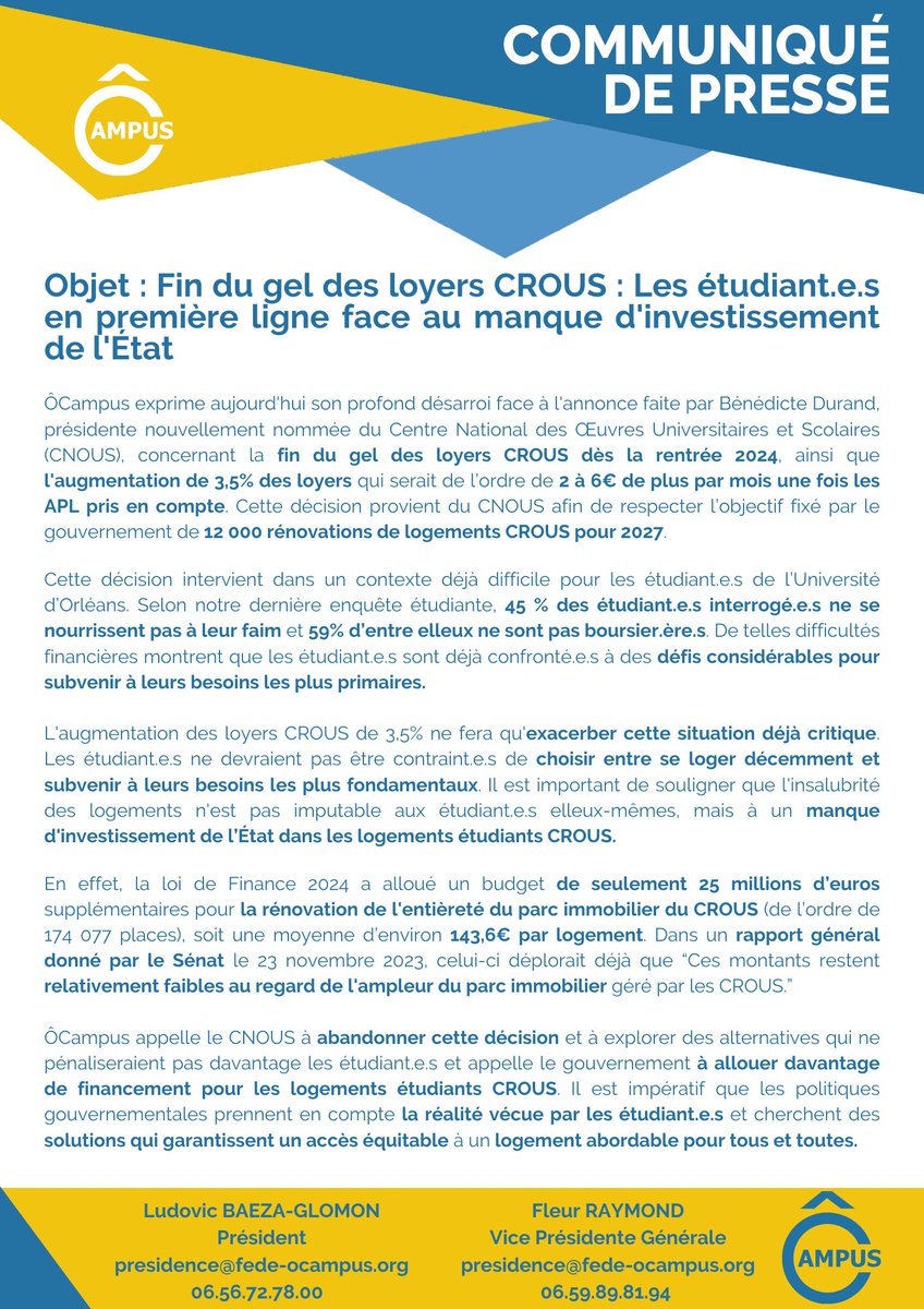 #CDP 
Suite à l’annonce Bénédicte Durant, nouvellement nommée au #CNOUS (<a href="/Cnous_LesCrous/">Les Crous</a>) concernant le dégel des #loyers #étudiants du #CROUS (<a href="/CROUS_OT/">Crous d'Orléans-Tours</a>), ÔCampus prend position contre cette annonce qui ne fait que précariser davantage les étudiant.e.s. ⬇️⬇️