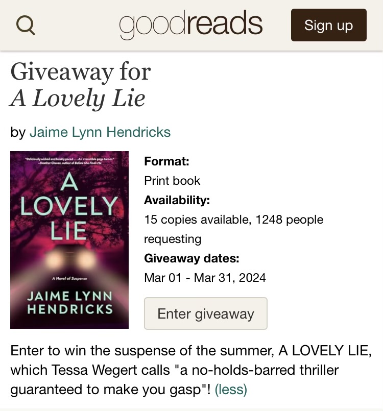 We have two exciting Goodreads giveaways this month! You can win a hardcover copy of @AuthorJLH's A Lovely Lie. In Hendricks's 'no-holds-barred thriller,' out this May, Scarlett Russo must confront dark secrets she has buried for decades. goodreads.com/giveaway/show/…