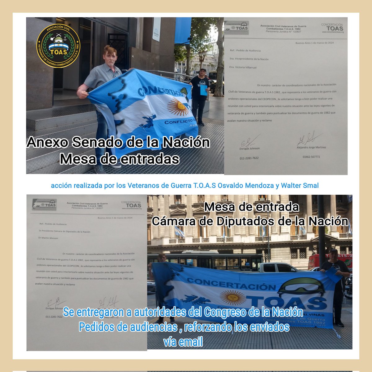 Se entregaron a autoridades de <a href="/DiputadosAR/">Diputados Argentina</a> y <a href="/SenadoArgentina/">Senado Argentina</a> pedidos de audiencia para <a href="/ConcertaTOAS/">ConcertaciónT.O.A.S</a> 
<a href="/luispetri/">Luis Petri</a> <a href="/JMilei/">Javier Milei</a> <a href="/VickyVillarruel/">Victoria Villarruel</a>