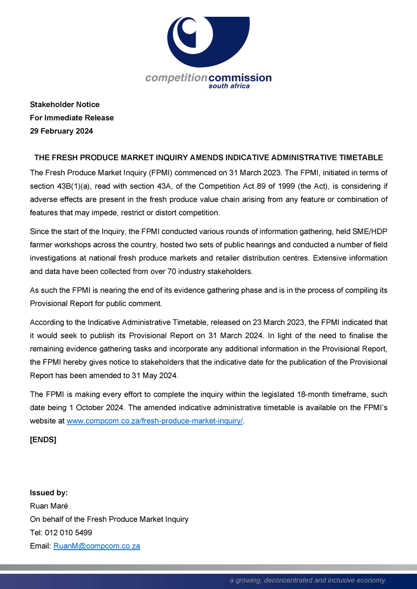 CompComSA's tweet photo. 📢 The Fresh Produce Market Inquiry (#FPMI) is nearing the conclusion of its evidence-gathering phase. With valuable insights from industry stakeholders, the FPMI team is preparing a comprehensive Provisional Report to be published on 31 May 2024.
Read the full notice below👇🏿 https://t.co/TzbupHmh4u