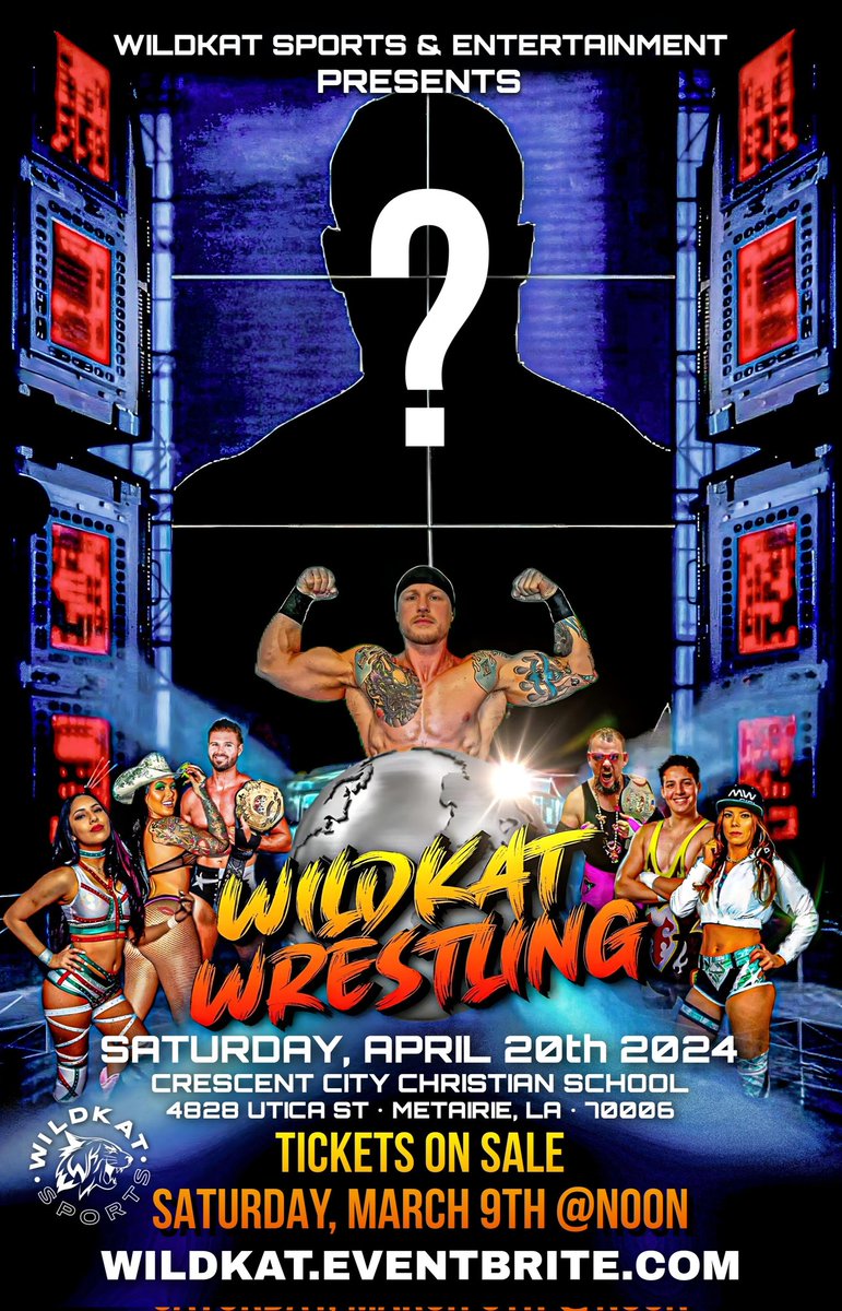 ‼️SHOW ANNOUNCEMENT‼️ IT'S OFFICIAL! @WildKatSports returns LIVE on SATURDAY, APRIL 20th! 🎟 TICKETS ON SALE next Saturday, March 9th, @NOON at wildkat.eventbrite.com Featuring the inring return of @LukeHawx504 PLUS the BIGGEST GUEST in WildKat HISTORY! Who could it be?!