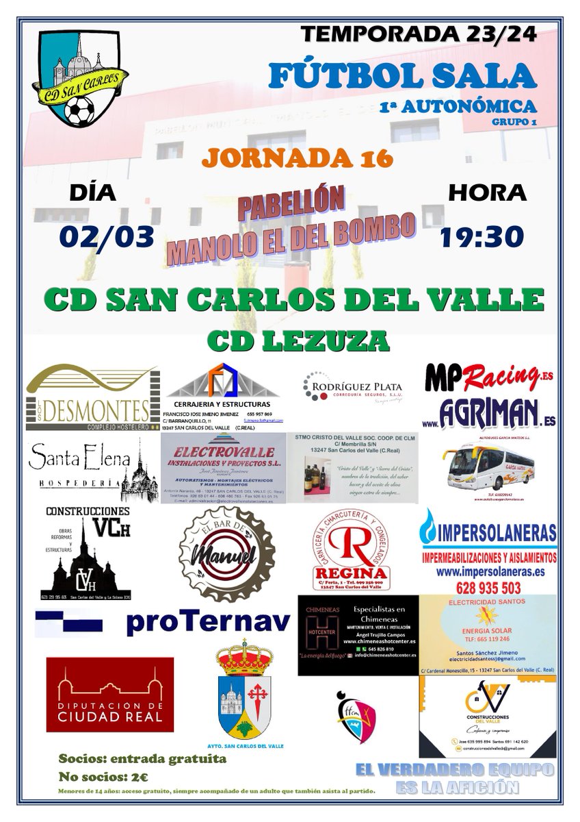 Jornada 16| Volvemos a jugar en casa. Mañana sábado nos enfrentamos a un rival directo, el CD Lezuza, en un partido en el que intentaremos sumar de 3. El encuentro será en el Manolo el del Bombo a las 19:30h.