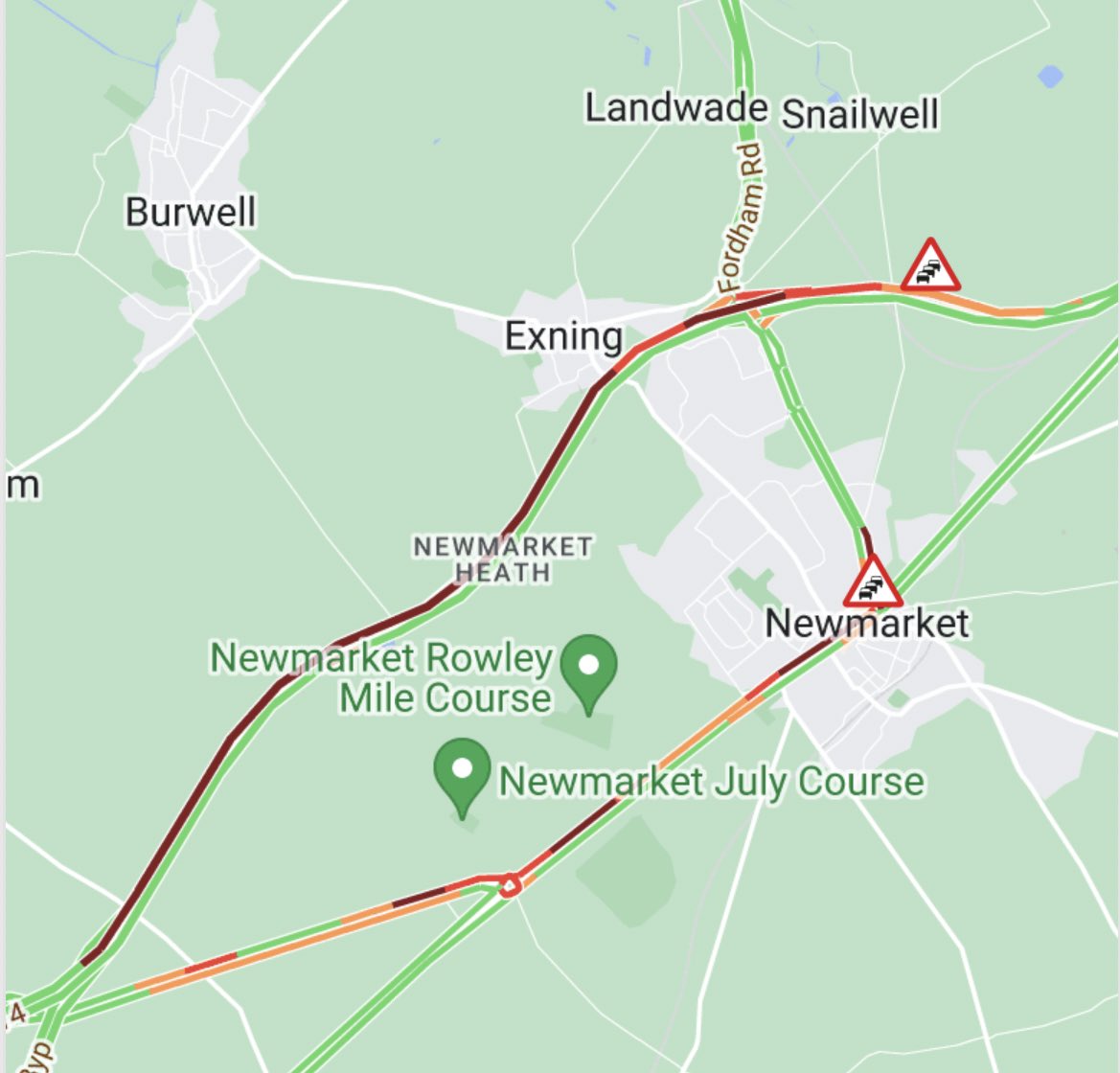 #A14 eastbound - two lanes CLOSED - queueing traffic for 7 miles - between J37 (Newmarket) and J38 (A11) - due to emergency drainage repairs following extensive flooding - stationary traffic back to J36 (Nine Mile Hill/A11) - also queueing through Newmarket town - LONG DELAYS