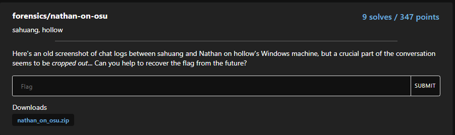 sahuang97's tweet photo. Play osu!gaming CTF at https://t.co/xZ1d7zVDHx where you solve challenges related to osu!

Here's a challenge of redacted chat between me and @suki_nathan btw https://t.co/LU6eyBLgXH