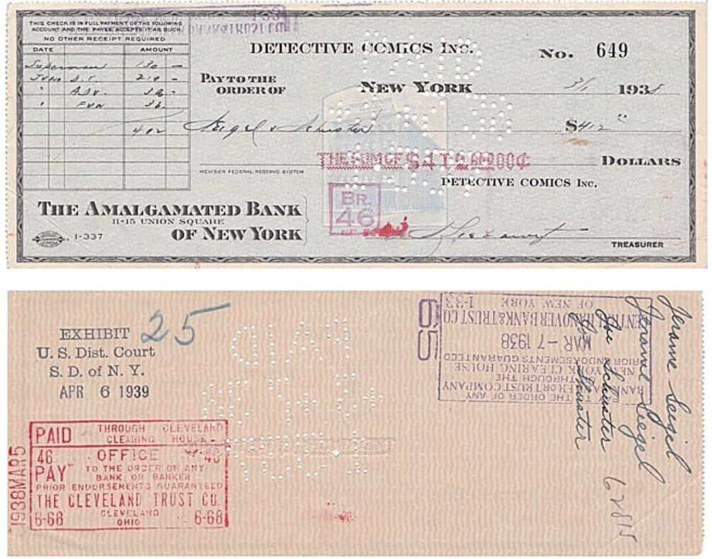 Cheque del 1 de marzo de 1938, Detective Comics, Inc. (luego DC Comics) emitió este cheque en favor de Jerry Siegel y Joe Shuster por la suma de $412, incluía $130 de esa partida para los derechos de un nuevo personaje llamado "Superman".