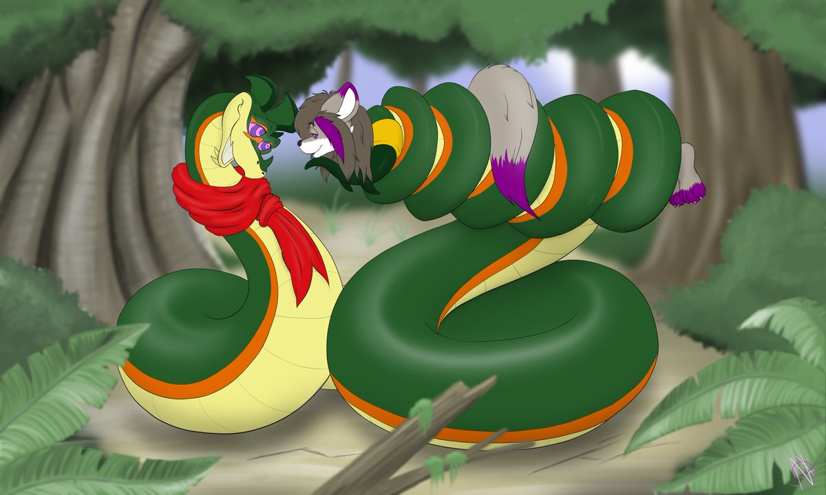 Looks like a certain Royal Ssserpent found something warm to squeeze around. :3 It just happened to be a very willing participant too. A piece I did a lil while back for the always awessssssome @GreenSneky, putting the squeeze on a helpless kitfox 💜 Happy Friday everyone!!