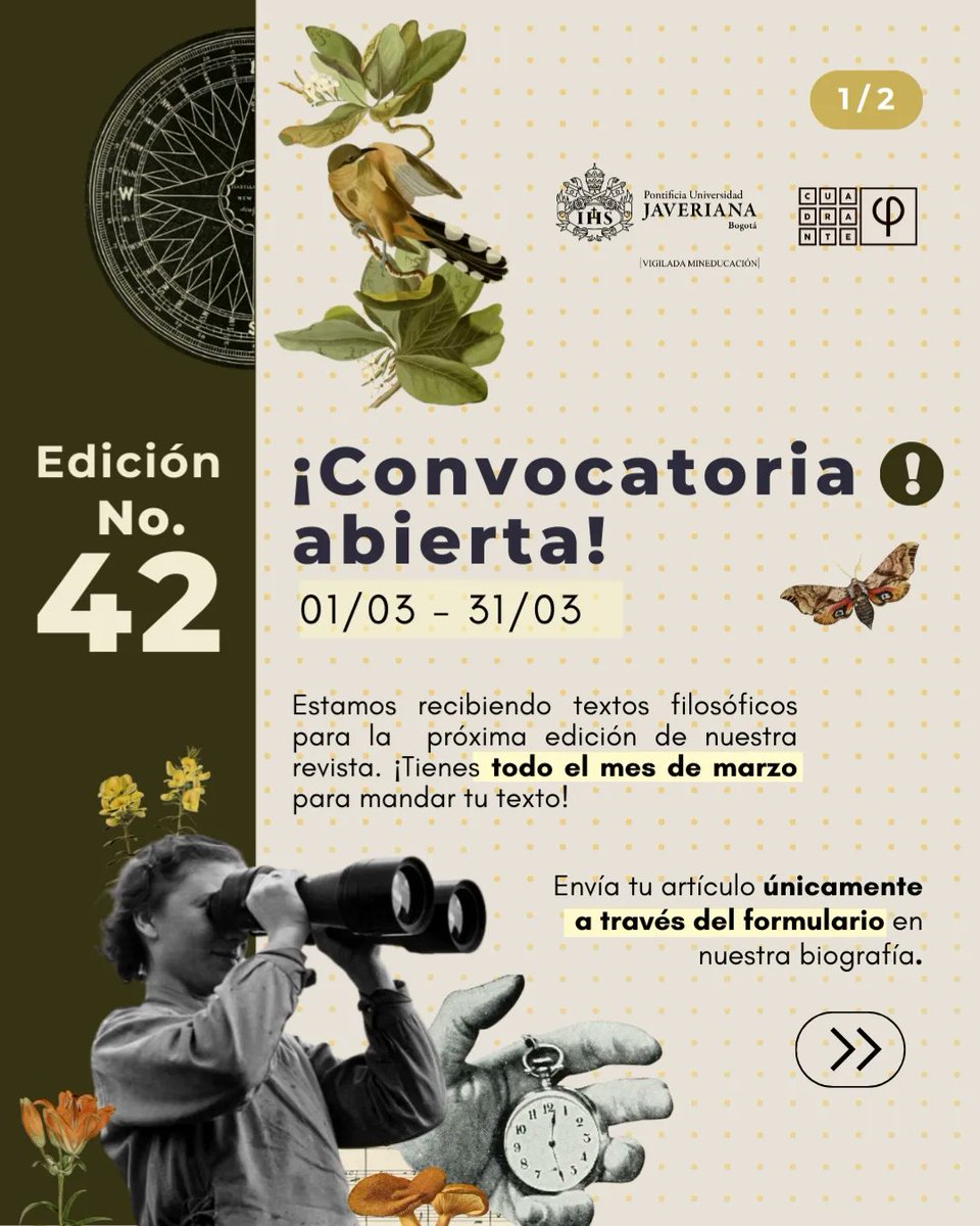 Cuadrantephi's tweet photo. 📮¡Abrimos convocatoria durante todo marzo!

¿Tienes algún texto que tenga potencial de ser publicado en nuestra revista? ¡Anímate! 

🗓 Estaremos recibiendo artículos filosóficos (tema libre) durante todo el mes de marzo. https://t.co/VAYtHLfhLq