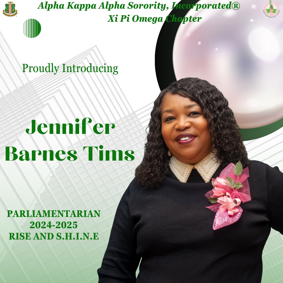 XiPiOmegaAKA's tweet photo. ⭐️Introducing our 2024-2025 Chapter Parliamentarian⭐️
Jennifer Barnes Tims! She joined Alpha Kappa Alpha Sorority, Incorporated®️ at FAMU in ‘79. With diverse leadership roles, she notably served as Cluster I coordinator from 2010 to 2014. 🩷💚 #AKA1908 #XiPiOmega #RiseandSHINE https://t.co/o3sK5SgRcc
