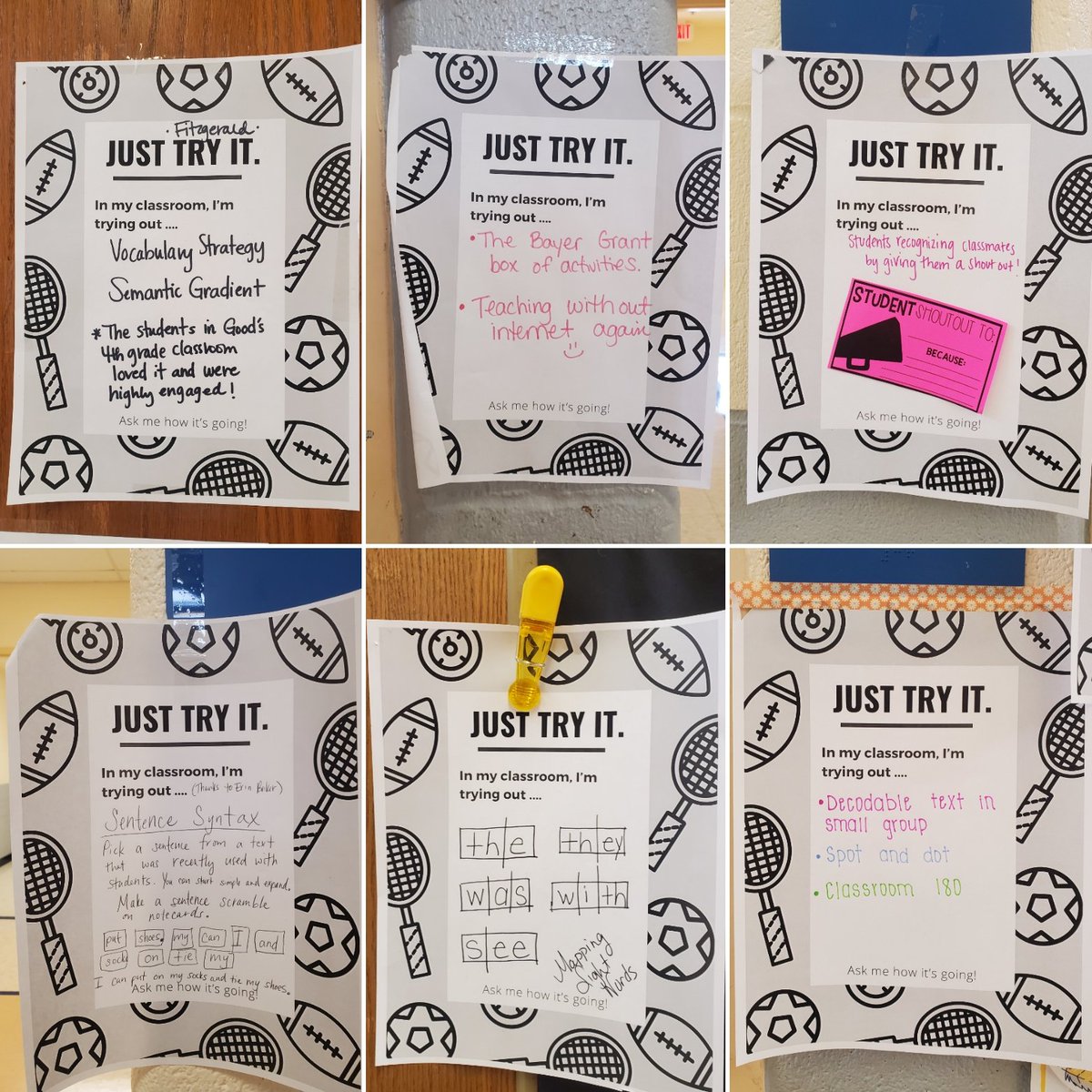 SuzyZerr's tweet photo. Our first Flipped "Just Try It" Day was a success!  Teachers posted outside their door something they are trying in their classroom.  Hallways are buzzing with teachers asking each other how it is going!  #hawkpride #FHSDLearns #JustTryIt #OneHowell https://t.co/bOxTexgf7A