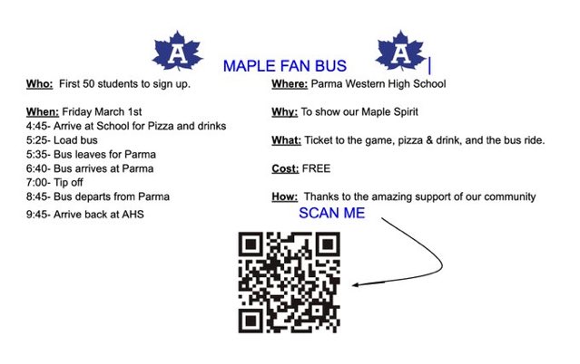 Adrian Maples Athletics (@maples_adrian) on Twitter photo FAN BUS IS ROLLING, STUDENTS HAVE UNTIL 3:00 TO SIGN UP. FAN BUS IS ROLLING, STUDENTS HAVE UNTIL 3:00 TO SIGN UP.