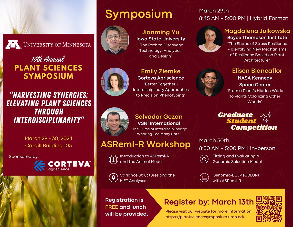 Join us for this year's Plant Science Symposium at UMN! Our fantastic speakers will tell us about how leveraging collaboration between disciplines elevates research in plant sciences. Register in our website! plantsciencesymposium.umn.edu