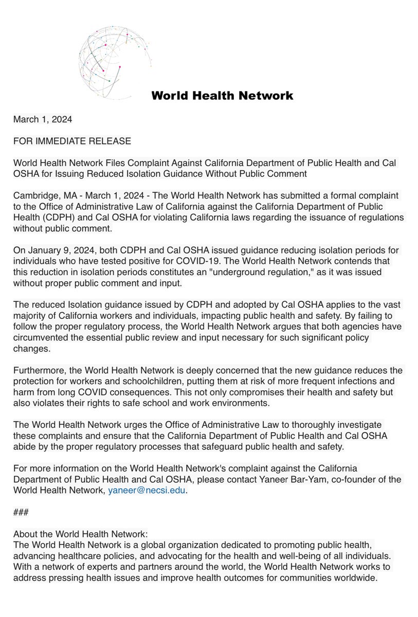 DrEricDing's tweet photo. ⚠️Stop the press-->you know the crazy CDC isolation-dropping rule? Well, it's mostly based on data from a California guideline--➡️which was ILLEGALLY ENACTED! Why? CA forced it through **without public comment as required by CA law**. Our team at World Health Network (@TheWHN) has today filed a formal complaint against the California Dept of Public Health & against Cal OSHA! If we overturn this-- we can then potentially sue HHS/CDC to overturn their new bogus isolation guideline too!

Press release below. Thank you to WHN's team & @yaneerbaryam leadership.
https://t.co/o3GjOcHw8g