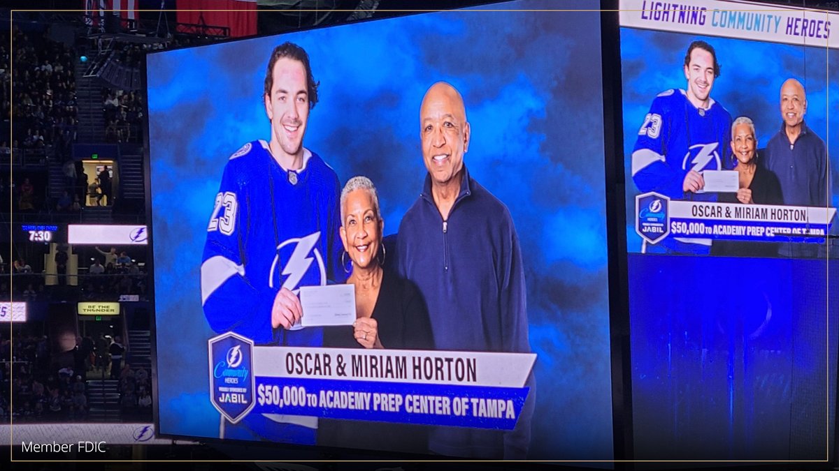 We are so proud to recognize our Bank of Tampa Board Member, Oscar Horton and his wife, Miriam, for being honored as Community Heroes by the Tampa Bay Lightning for their work with Academy Prep of Tampa! #CommunityGiving