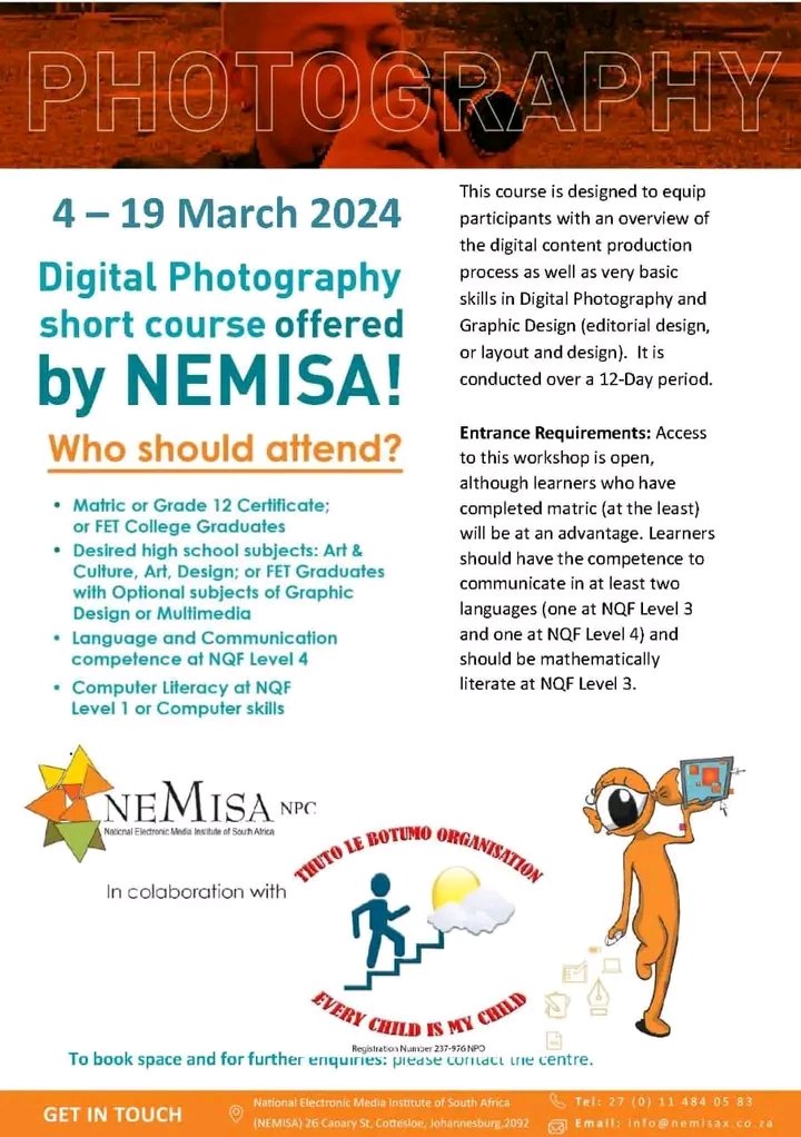 NEMISA is offering Creative Media Short Courses exclusively for youth in Mohlakeng in collaboration with Thuto le Bothumo, Mohlakeng. To book your space, contact 073 294 5123 #digitalskillstraining #nemisacreativemedia