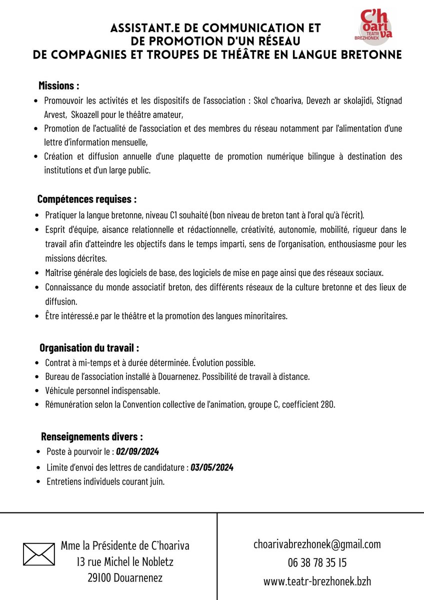 Ur gargadez pe ur c’hargad kehentiñ a vez klasket gant ar gevredigezh C’hoariva. 
L'association C'hoariva recherche un.e chargé.e de communication.