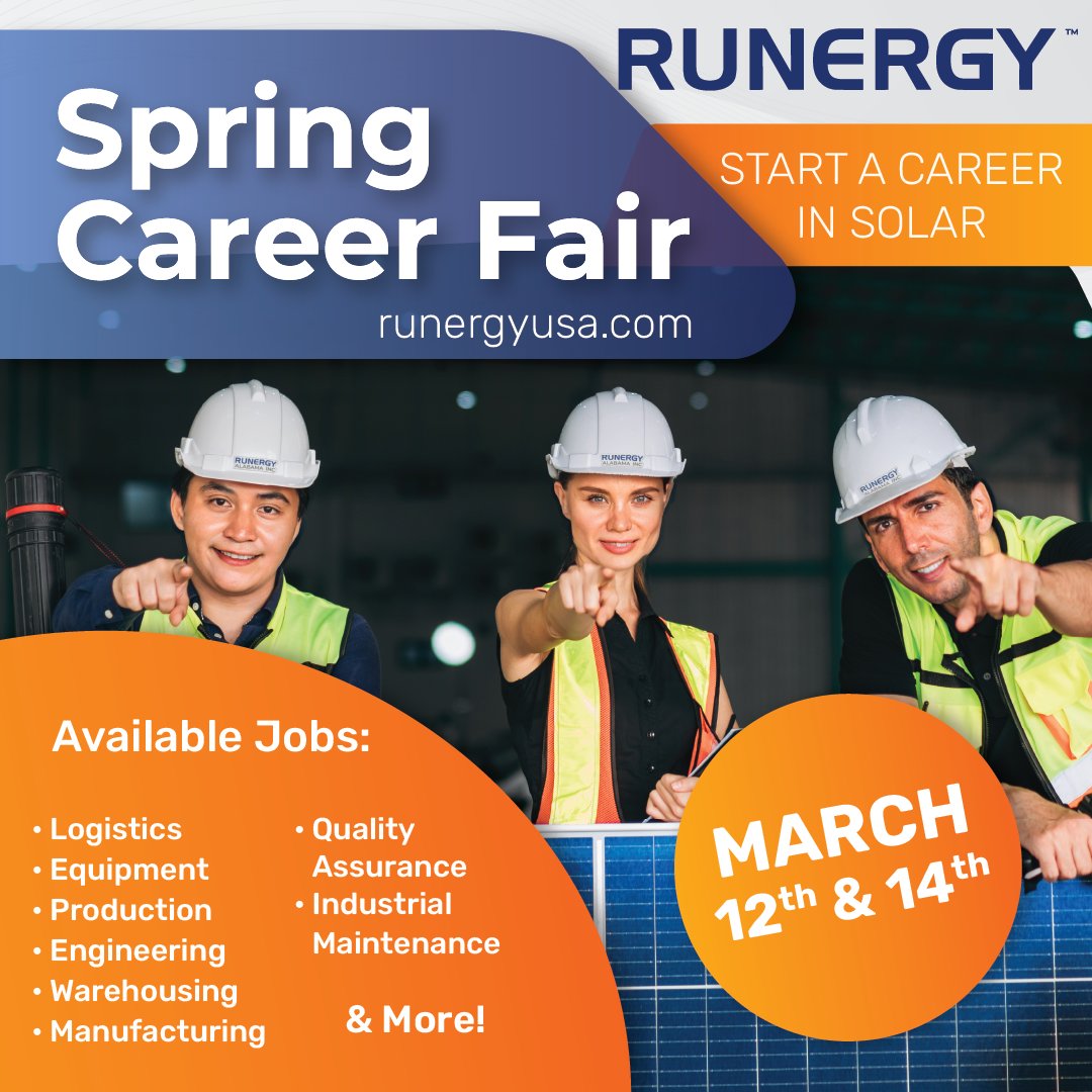 Ready to start a new career in the solar industry? Runergy Alabama is having a Career Fair March 12th &amp; 14th. Learn more on our website: bit.ly/3UZcGdw
#careerfair #huntsvillejobs #solarjobs