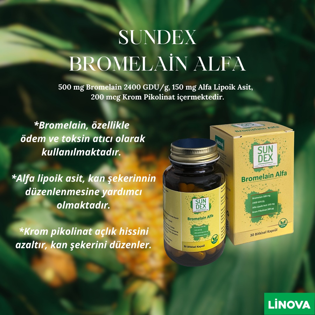 ✅️SUNDEX Bromelain Alfa ✅️Bromelain 2400 GDU 500 mg ✅️Alfa Lipoik Asit 150 mg ✅️Krom Pikolinat 200 mcg 30 Bitkisel Şeffaf Kapsül satışa açılmıştır...