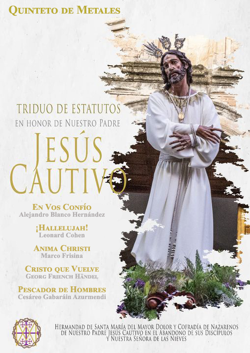 Nuestro Quinteto de Metales estará presente, mañana sábado, en el Triduo de Estatutos de nuestro Titular.
Durante la celebración eucarística interpretarán las siguientes obras:

🗓️ 2 de Marzo de 2024
🕣 19:00 h
📍 Iglesia Parroquial de San Pedro

#quesuenelasnieves #triduocautivo