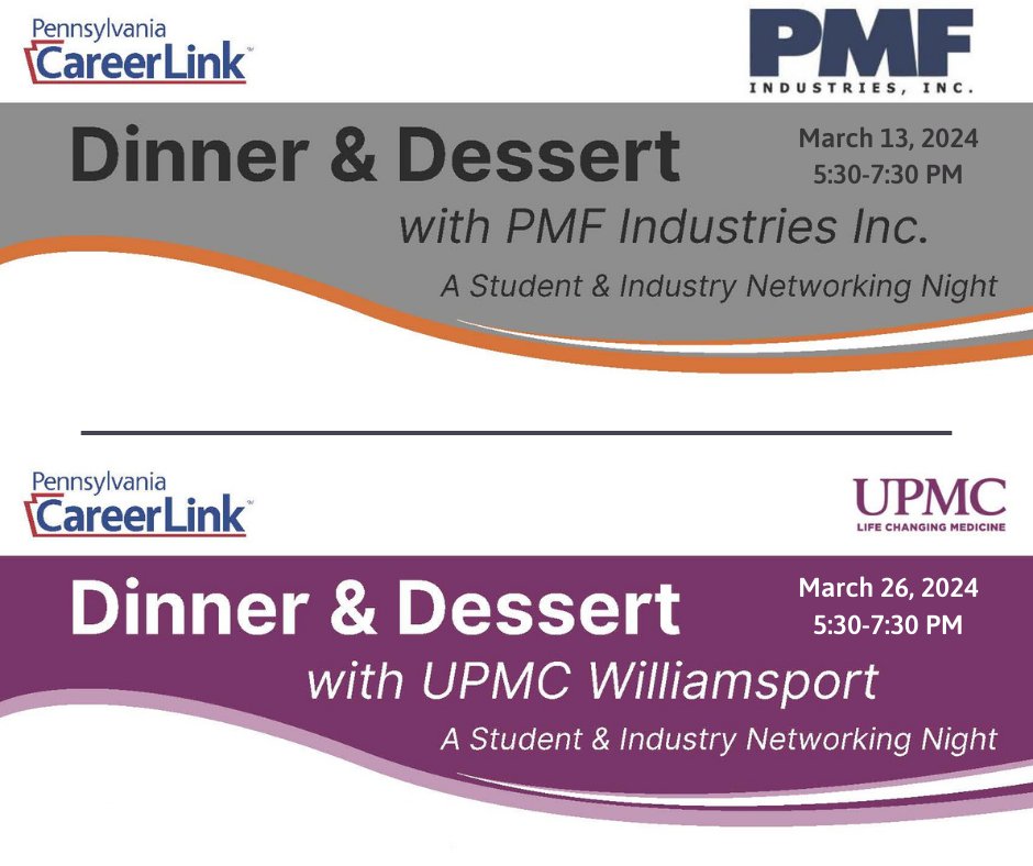 📢Check out these Student & Industry career exploration/networking events! To learn more about Dinner & Dessert with PMF Industries Inc. go to shorturl.at/dyN56 To learn more about Dinner & Dessert with UMPC Williamsport go to shorturl.at/dhitG #JSBulldogNation