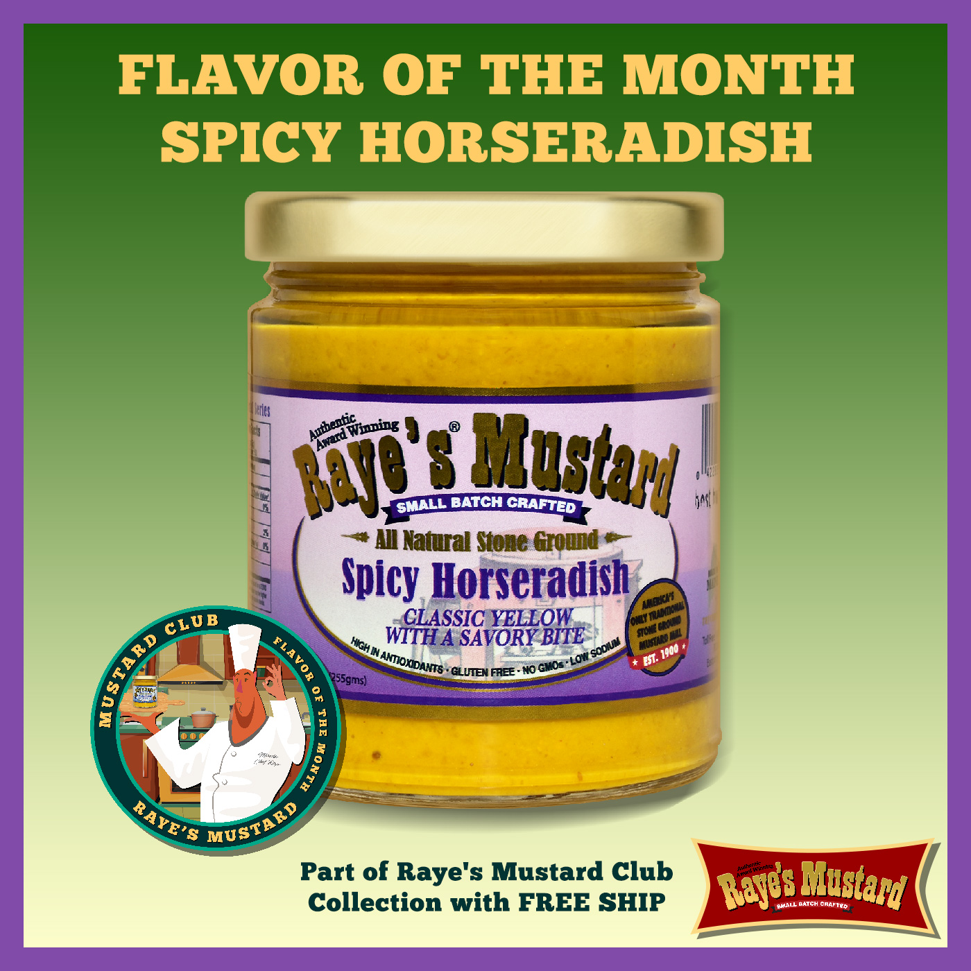 Raye's Mustard on X: Raye's Spicy Horseradish packs a horseradish kick!  It's also part of NEW Mustard Club Collection! Get a year's worth of Raye's  Mustard + 12 postcards that include food
