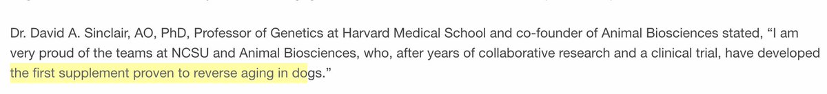 Age reversal? Such claims being made for dogs who got a supplement, causing other scientists to 🤮. The preprint: biorxiv.org/content/10.110… Claim in press release: