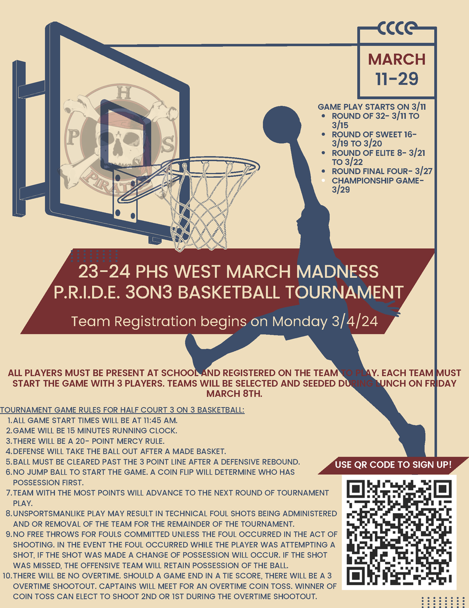 🏀 Attention all ballers at PHS West! 🌟 March Madness is coming to our court with the P.R.I.D.E. 3ON3 Basketball Tournament! 🎽 Team registration starts Monday 3/4/24. Don't miss out on the chance to showcase your skills and bring home the glory! 🏆🏀