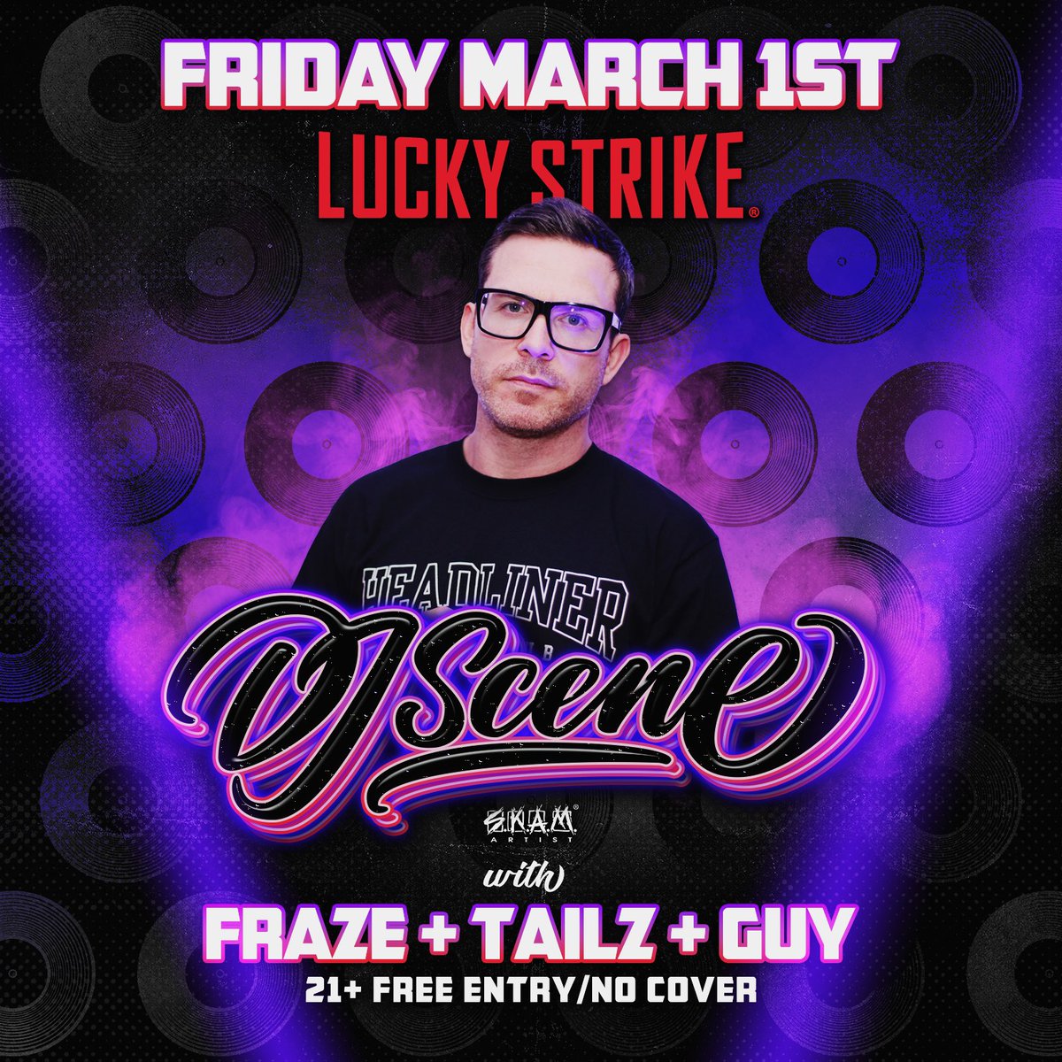 Tonight <a href="/LuckyStrikeBell/">LuckyStrike Bellevue</a> we’ve got the man <a href="/djscene/">DJ Scene</a>! It’s 21+ free to get in and free garage parking! See you there
