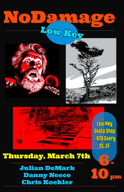 CCA Comics (@ccacomics) on Twitter photo Current MFA comics student <a href="/no_damage_yet/">Julian J DeMark</a> and former faculty Christ Koehler will be showing at Low Key Skate Shop March 7th for the “No Damage” art show! Show goes from 6pm-10pm. See ya there! Current MFA comics student <a href="/no_damage_yet/">Julian J DeMark</a> and former faculty Christ Koehler will be showing at Low Key Skate Shop March 7th for the “No Damage” art show! Show goes from 6pm-10pm. See ya there!