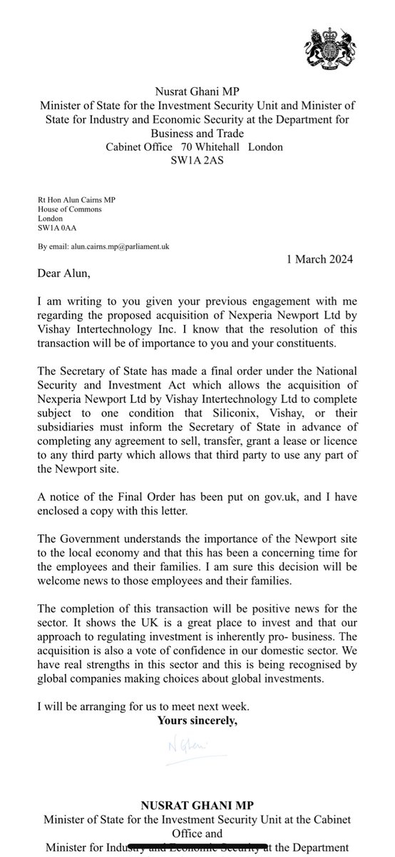 Delighted to receive notice that @VishayIndust have gained approval from the Cabinet Office to acquire @NewportWaferFab This is a major boost for @CSconnected & @CSACatapult