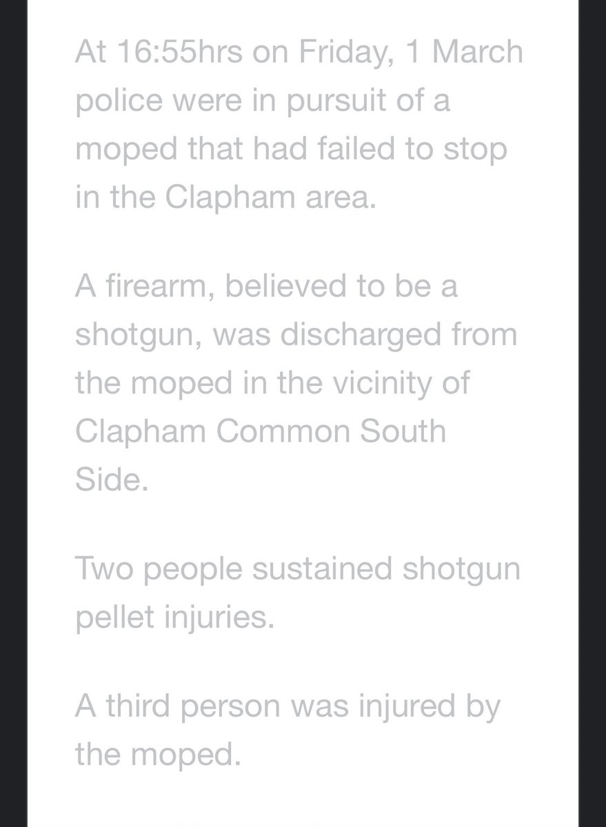 The Met has launched an investigation after a firearms incident in Clapham Common. Earlier police were in pursuit of a moped that had failed to stop in the area A firearm, believed to be a shotgun, was discharged from the moped leaving three injured @lbc @LBCNews Met says:
