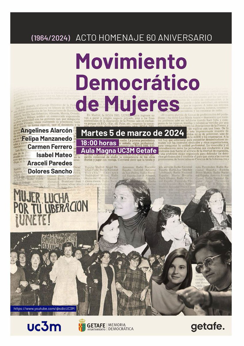 📣 Celebramos la organización de este acto homenaje la MDM, iniciativa propuesta por el @pcegetafe en la Mesa por la Memoria Democrática de Getafe, el próximo 5 de marzo a las 18 h en la UC3M.