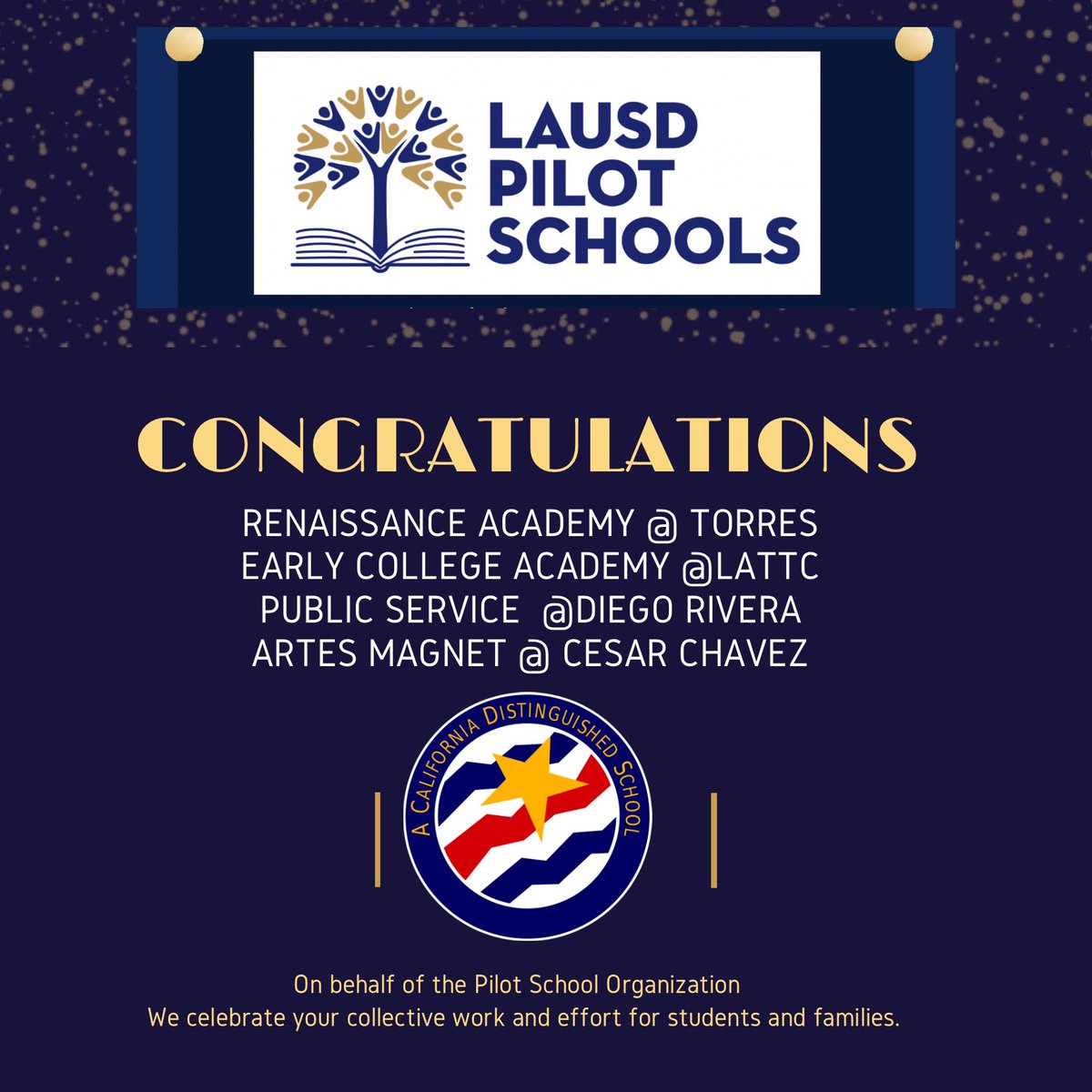 Congratulations to the following <a href="/LAUSD/">LAUSD</a> Pilot Schools for being recognized as California Distinguished Schools. <a href="/ESPOLAUSD/">ESPO LAUSD</a>