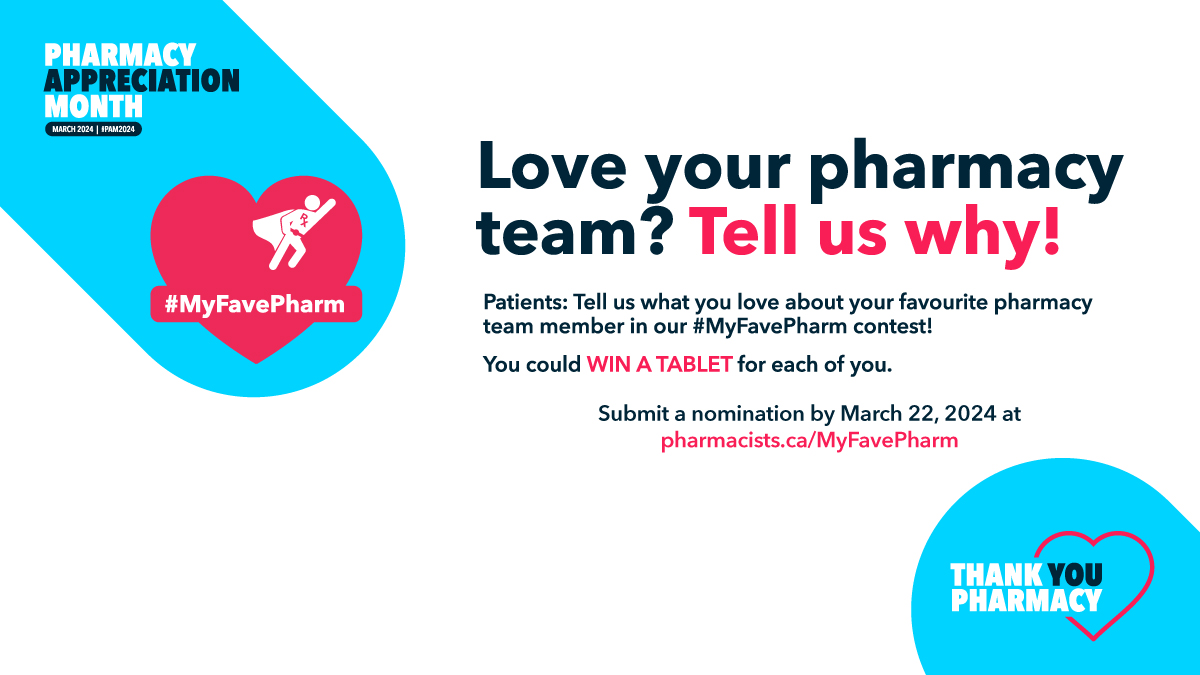 Patients: Did you know March is Pharmacy Appreciation Month? Tell us why you appreciate your #pharmacy team by entering our #MyFavePharm contest and you could win a tablet for yourself and your favourite pharmacy team member: ow.ly/l1xk50QK1Ho 

#PAM2024