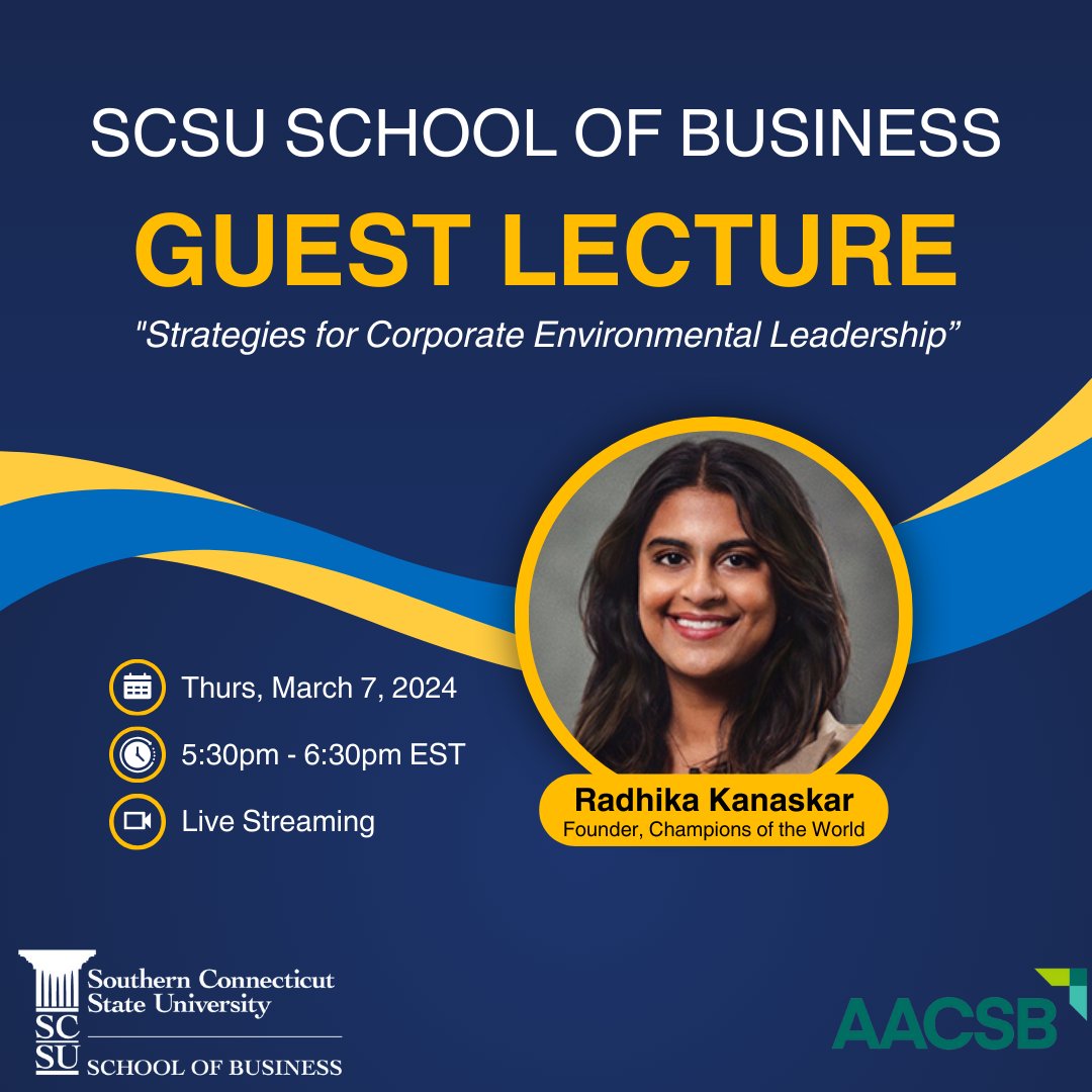 The Southern MBA presents a virtual guest lecture from Radhika Kanaskar on "Strategies for Corporate Environmental Leadership"
Thursday, March 07, 2024 | 5:30-6:30pm ET
Register: loom.ly/mqzLziA
#scsubusiness #southernscsu